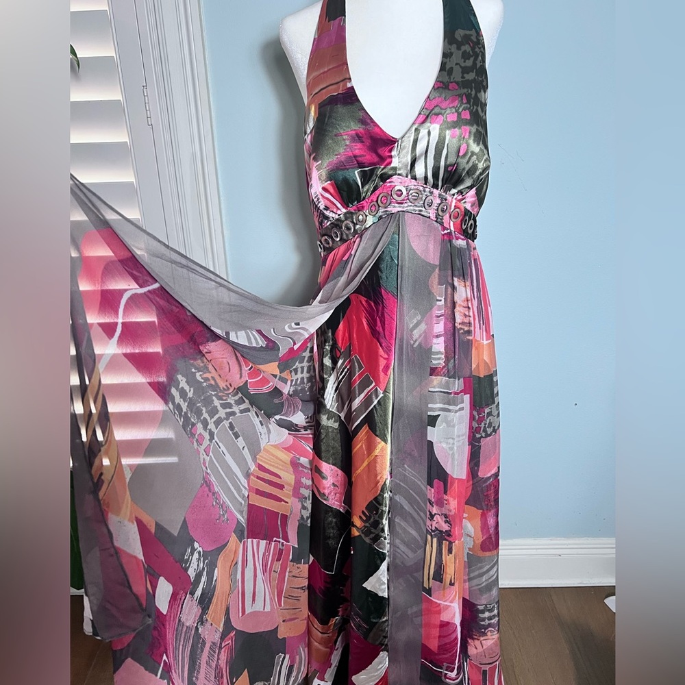 Dressbarn Y2K Halter Maxi Dress Abstract Print Grommet Empire Waist Size 12